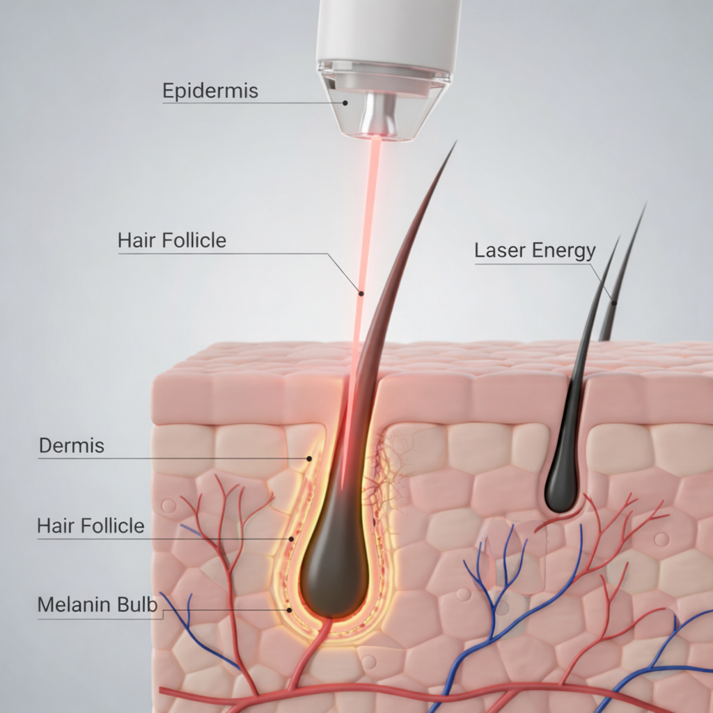 3D medical illustration showing laser hair removal targeting the hair follicle, labeled epidermis, dermis, melanin bulb, and laser energy penetration.