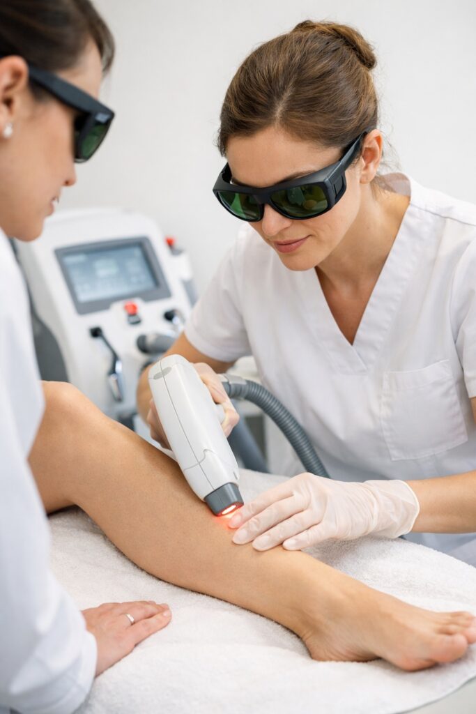 Close-up of a supervised laser hair removal training session showing proper hand positioning, safety eyewear, and controlled clinical environment for safe treatment.