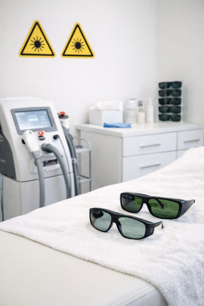 Properly prepared treatment room for laser hair removal training showing safety eyewear, organized equipment, and clinical setup that supports risk management.
