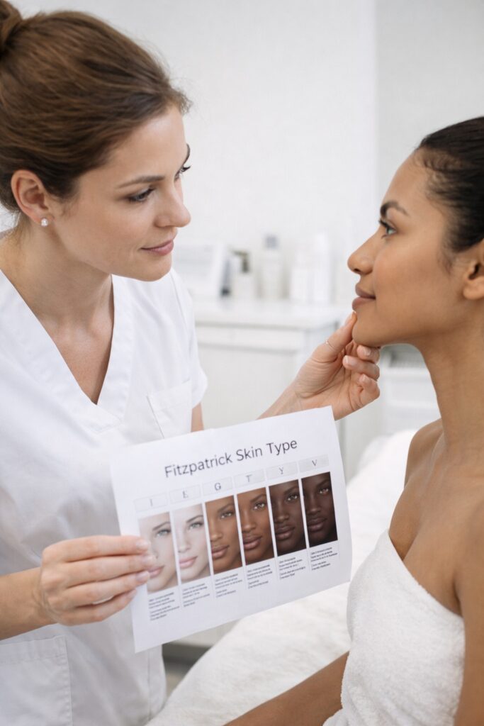 Practitioner evaluating skin tone before treatment in a laser hair removal training setting, highlighting consultation, skin typing, and patient safety in clinic.