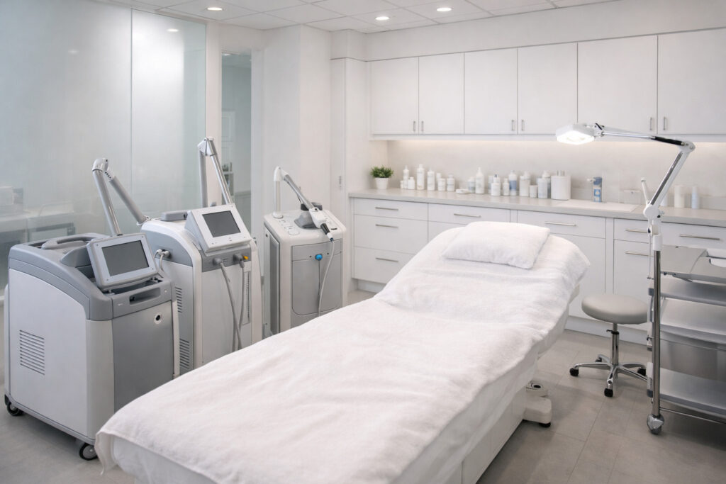 Modern dermatology clinic with laser treatment equipment, representing workplaces where certified laser technician certification professionals work