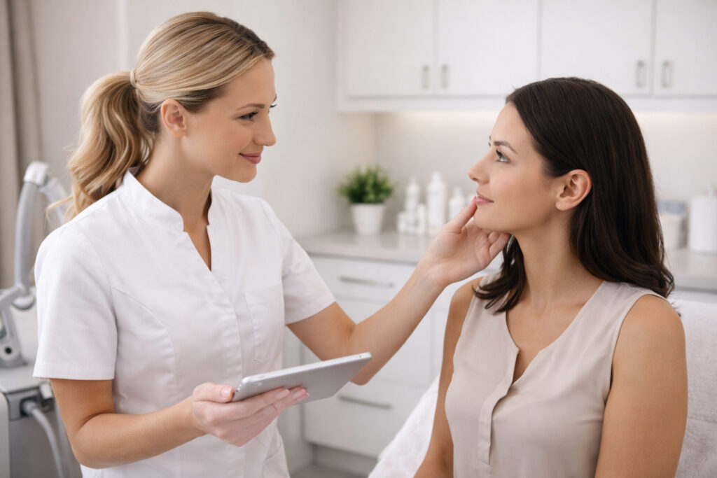 Certified laser technician reviewing patient skin and discussing treatment plan in clinical setting, showing responsibilities of laser technician certification