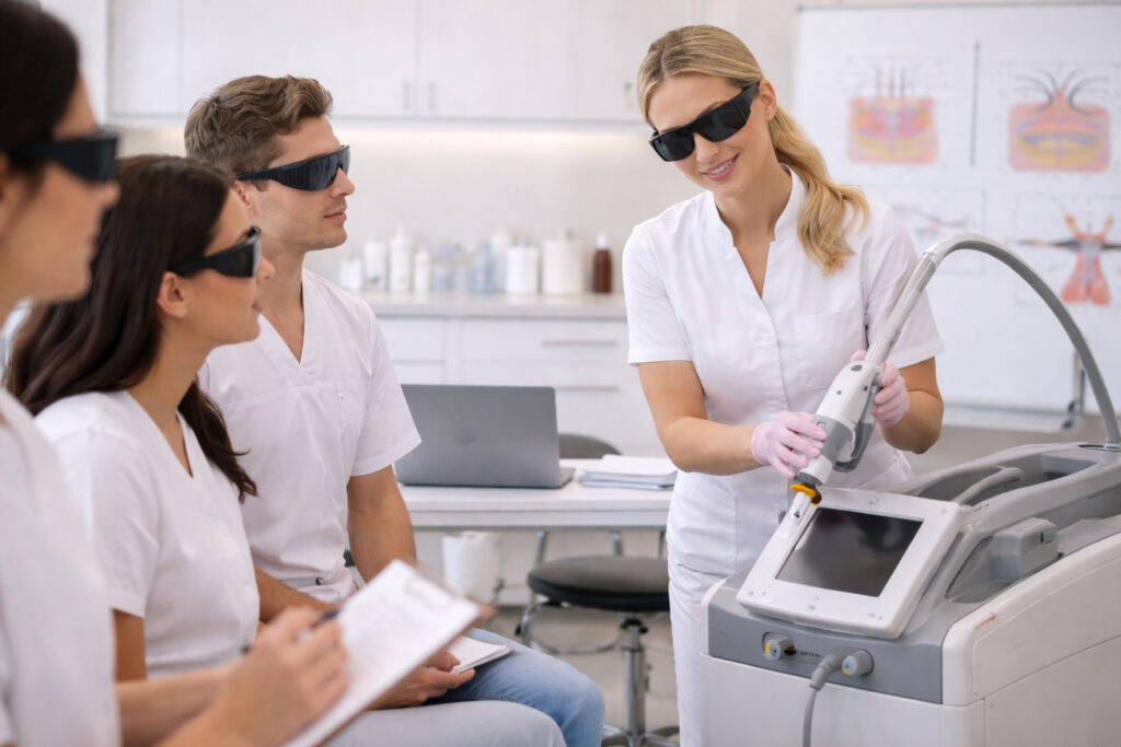 Students participating in laser technician certification training program with instructor demonstrating professional laser equipment usage