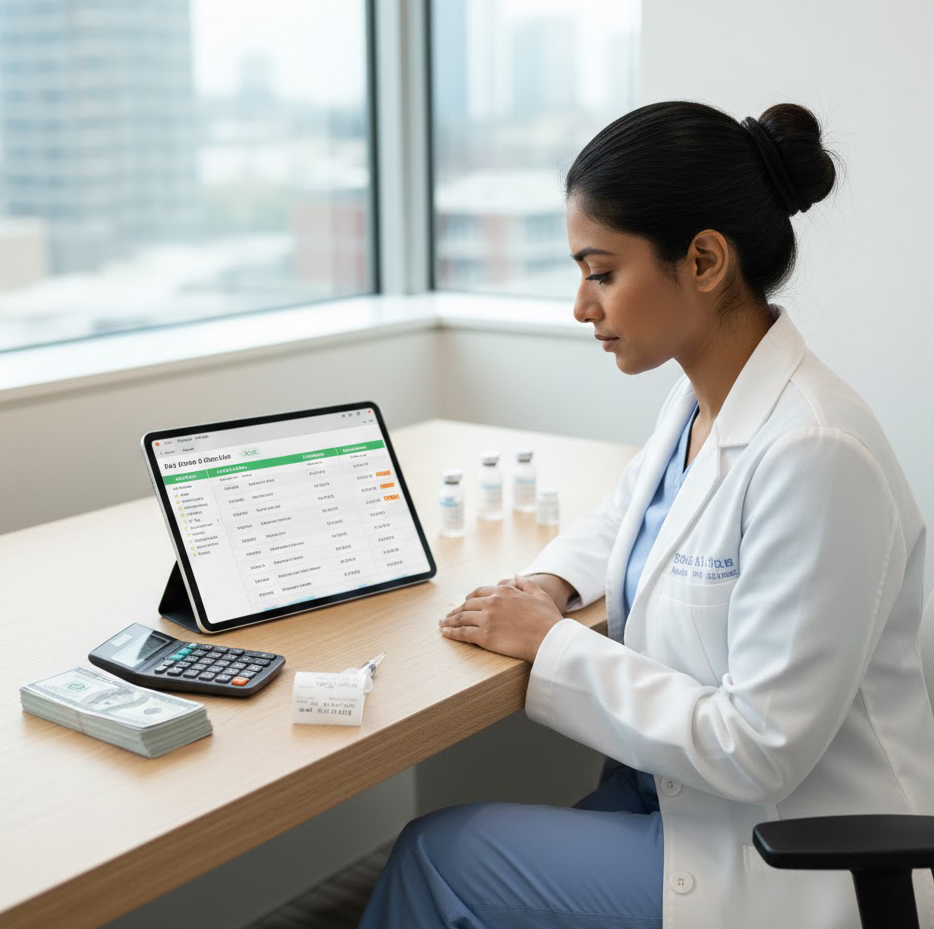 Healthcare provider reviewing appointments and revenue planning after botox certification in private aesthetic practice.