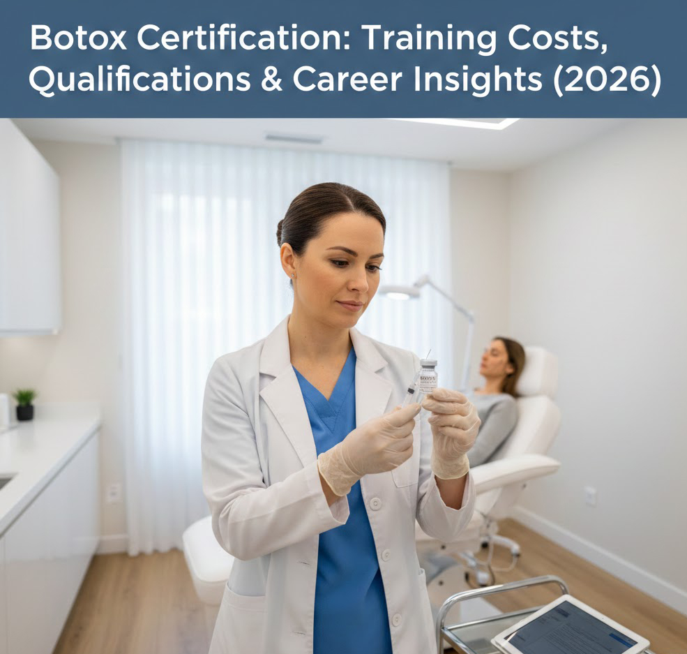 Licensed medical professional preparing for botox certification training in a modern aesthetic clinic with clean, clinical setting.