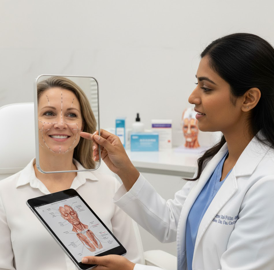 Aesthetic provider discussing botox and dermal filler certification treatment plan with patient during facial assessment.