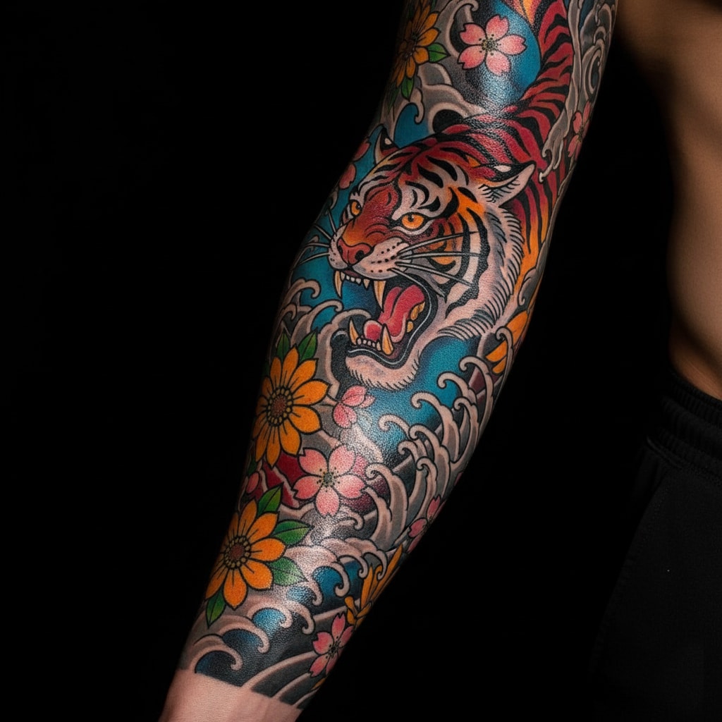 Colorful full-sleeve arm tattoo on a black background for laser tattoo removal training