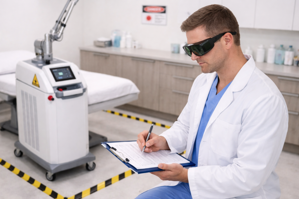 Certified laser safety officer completing documentation and compliance checks within a regulated medical laser treatment facility.