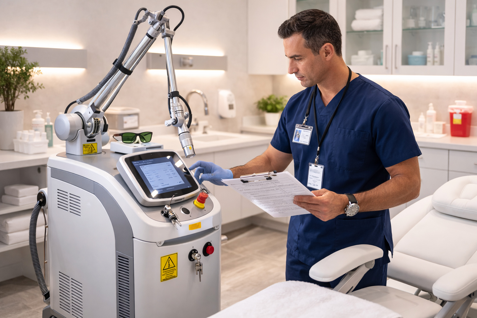 Laser safety officer inspecting medical laser equipment and reviewing documentation in medspa clinical environment ensuring compliance