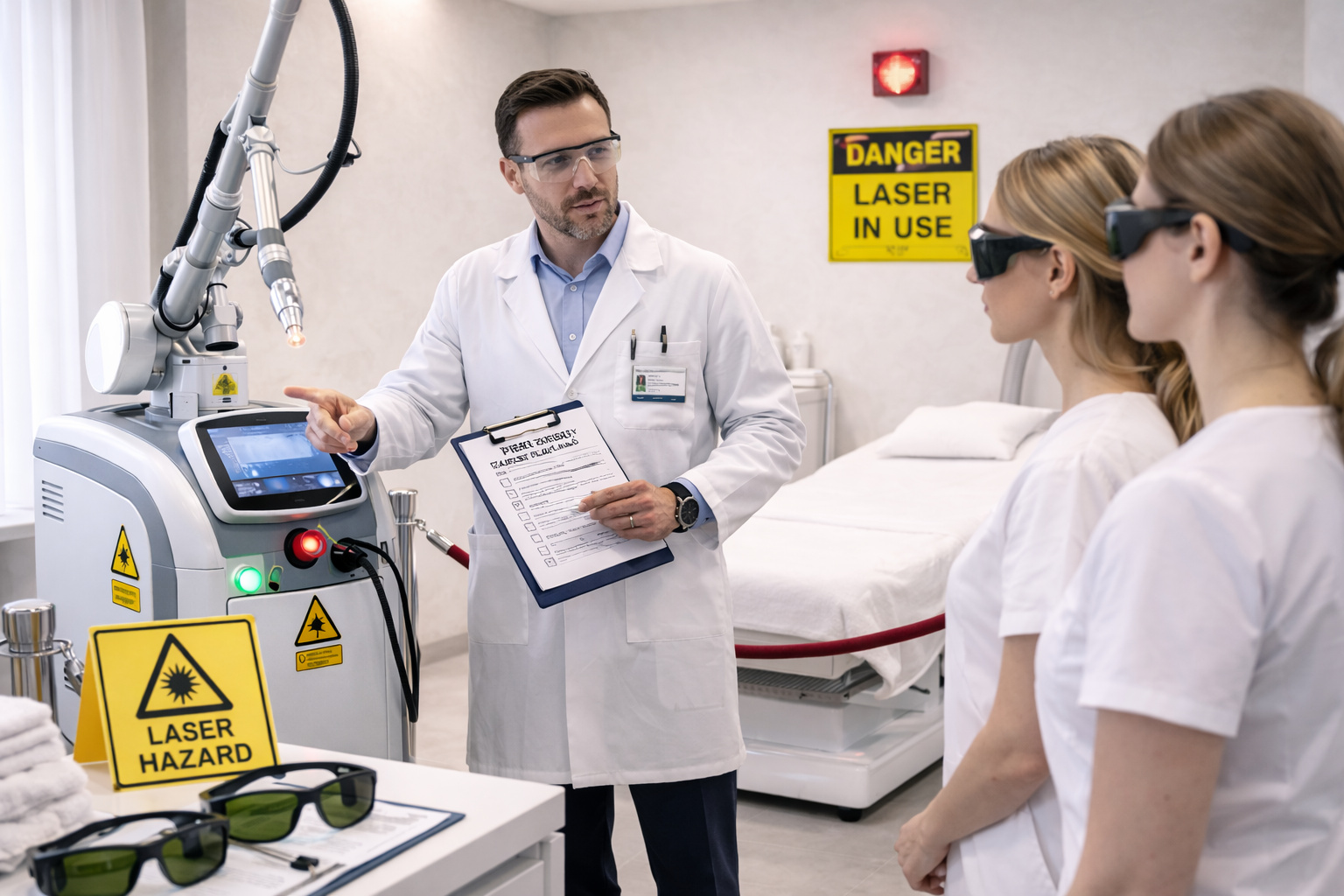 Laser safety officer inspecting medspa laser treatment room and supervising staff to ensure safety compliance and proper setup