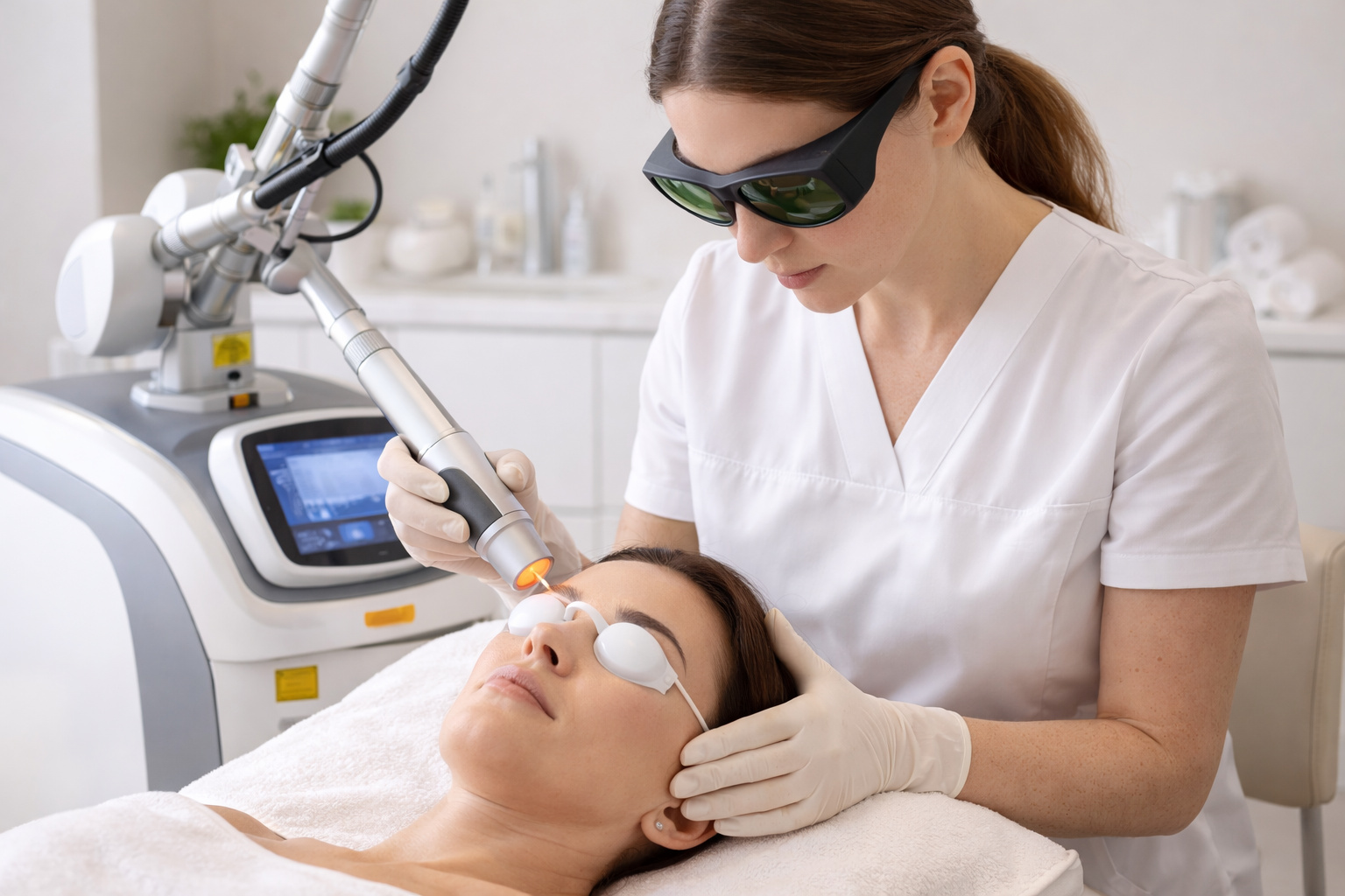 Laser practitioner wearing protective eyewear during medical laser procedure demonstrating laser safety officer compliance and safe laser use