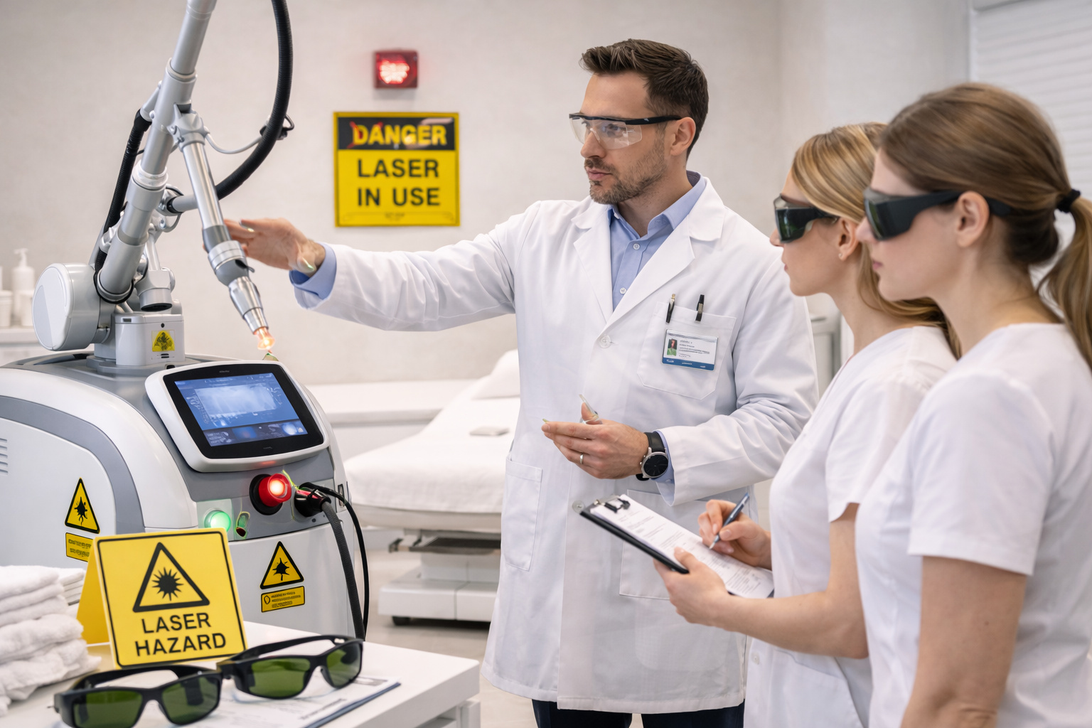 Laser safety officer training session with instructor teaching medical staff proper laser safety procedures in clinical environment