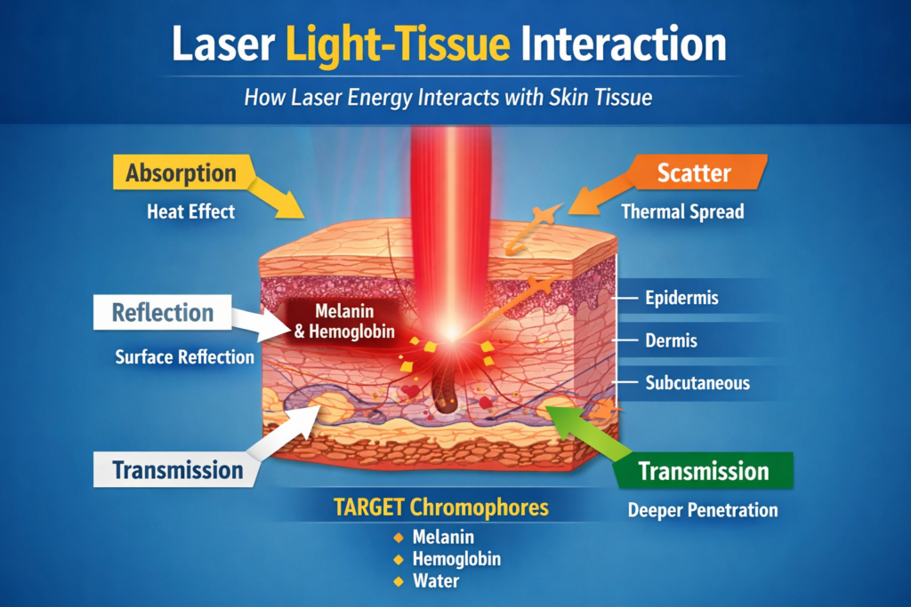 laser light tissue interaction diagram showing absorption scattering reflection and transmission used in cosmetic laser technician training