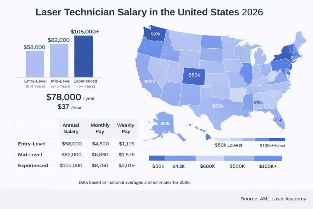 laser technician salary 2026 united states chart showing average pay and salary ranges by state