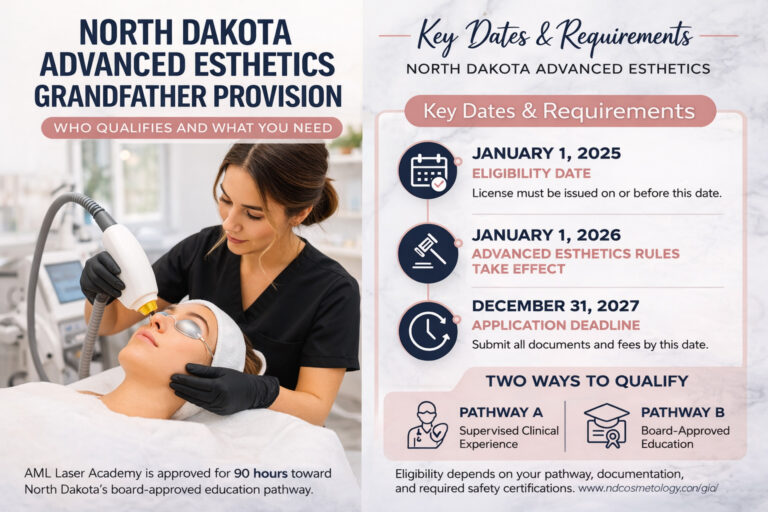 North Dakota Advanced Esthetics Grandfather Provision infographic with esthetician, key dates, and qualification pathways