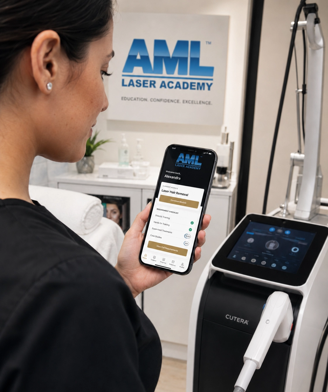 Laser technician using the AML Laser License Requirements Checker on a smartphone beside an aesthetic laser device