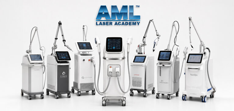 Professional cosmetic laser machines displayed at AML Laser Academy for online laser safety and aesthetic laser training.