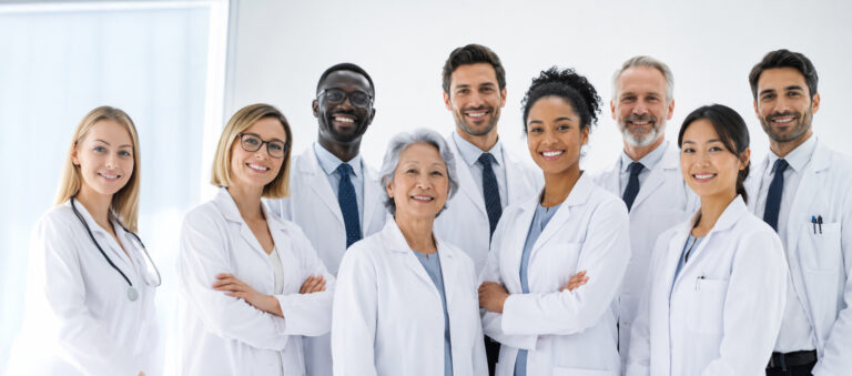 Diverse team of medical doctors and healthcare educators at a professional medical aesthetics school