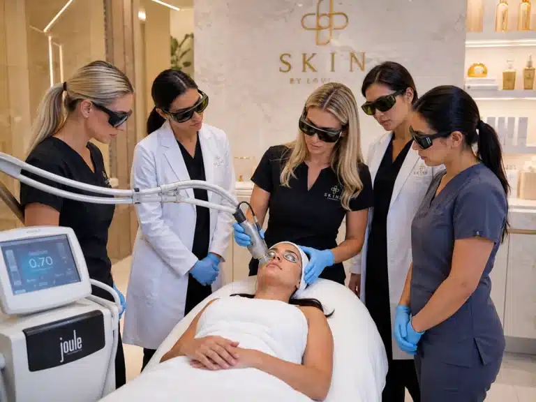 Dermatology clinic team learning laser safety, treatment planning, and patient-care procedures