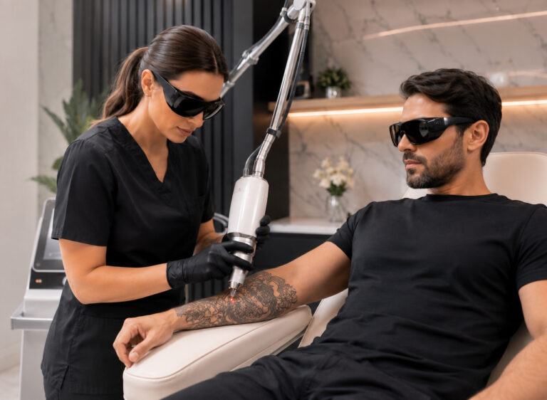 Female laser technician performing tattoo removal on a male client’s forearm