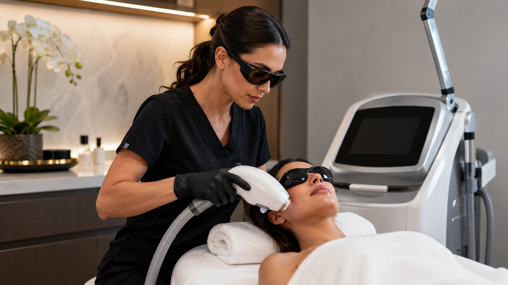 Nursing student studying online cosmetic laser training with a Philadelphia city view