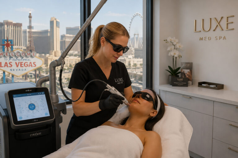 Laser technician performing a cosmetic laser treatment inside a modern Las Vegas medical spa