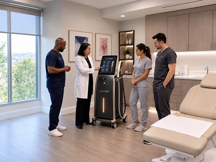 NuCORE laser training demonstration at a modern aesthetic clinic