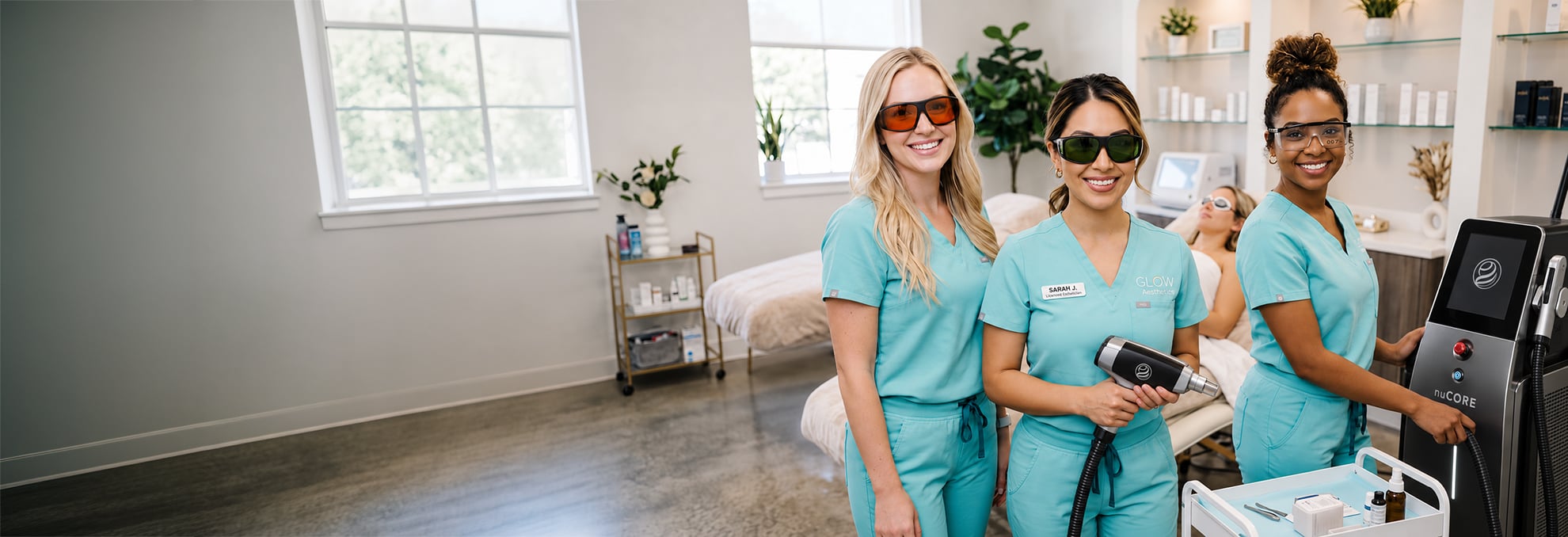 Aesthetic laser training team with nuCORE laser device at a professional clinic